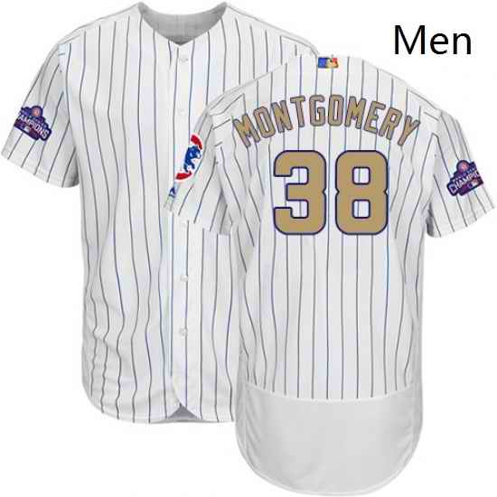 Mens Majestic Chicago Cubs 38 Mike Montgomery White 2018 World Series Jersey7 Gold Program Flexbase Authentic Collection
